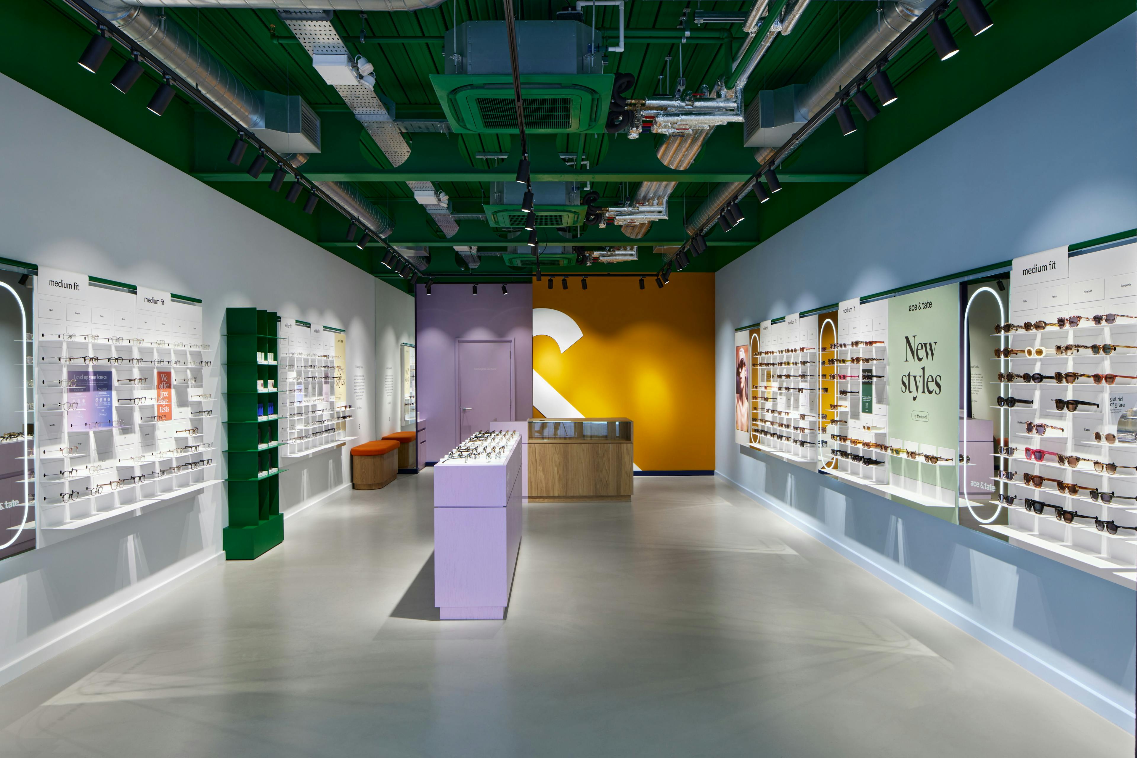 Showing interior of Ace & Tate Dirty Lane store in, United Kingdom, London, Borough Yards